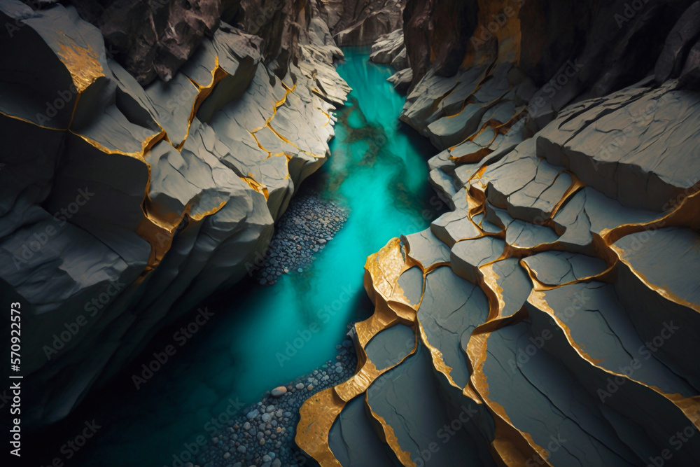 Fototapeta premium River running through stunning stone rockface. Generative AI