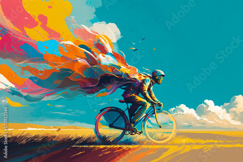 A man rides a bicycle. Multicolored elements of paintings. Generative AI