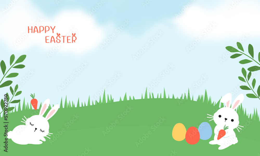 Happy Easter with bunny rabbit cartoons, Easter eggs, green grass and branches on blue sky background vector. Happy Easter with bunny rabbit cartoons, Easter eggs, green grass and branches on blue sky background vector.
