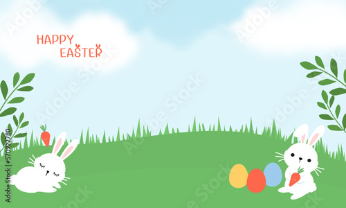 Happy Easter with bunny rabbit cartoons  Easter eggs  green grass and branches on blue sky background vector.
