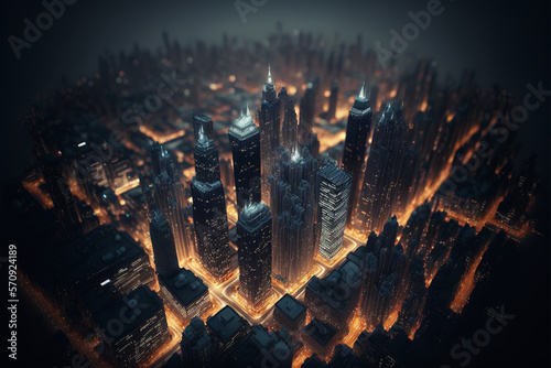 3D Rendering of at night in large mega city with many tall buildings. Top aerial view. Concept of next generation technology.