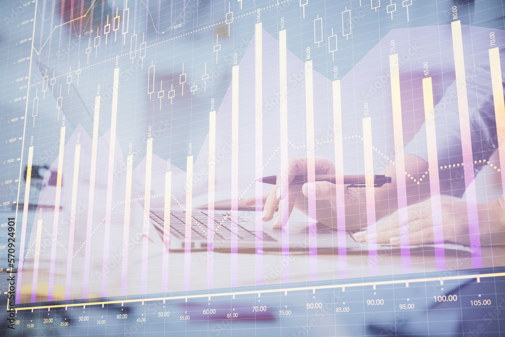 Multi exposure of woman hands typing on computer and financial chart hologram drawing. Stock market analysis concept. Multi exposure of woman hands typing on computer and financial chart hologram drawing. Stock market analysis concept.