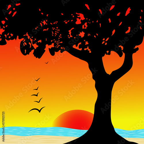 holiday by the sea card, with sun setting, tree silhouette and birds in the sky photo