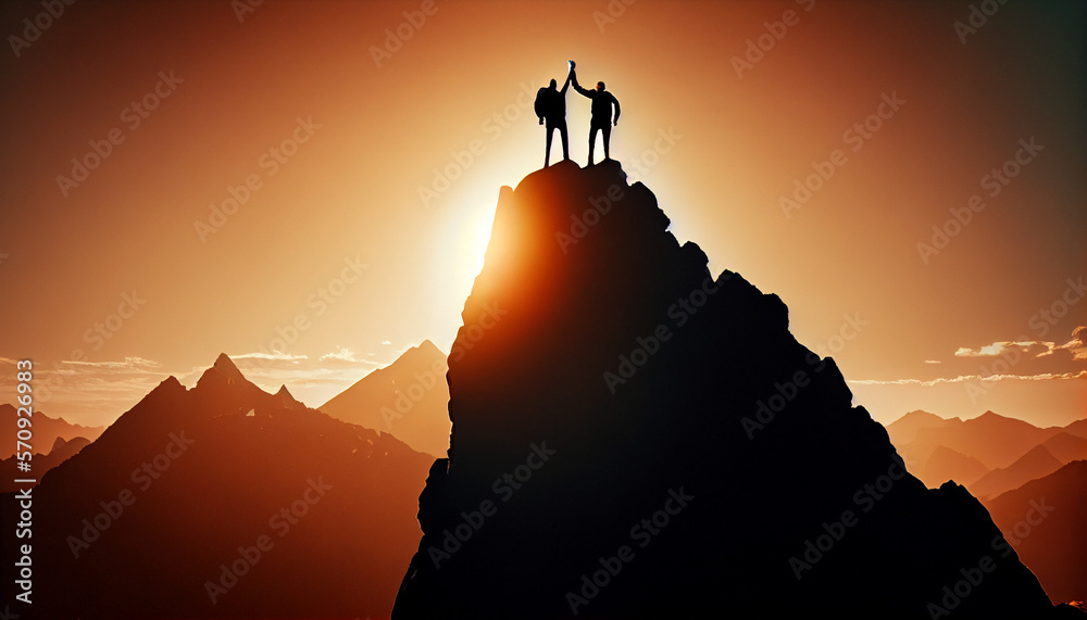 Two person on a top of mountain peak, visualisation of team success, generative ai