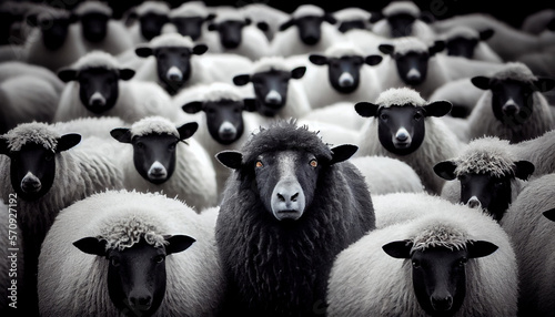 A herd of white sheeps with one black in between them, generative ai