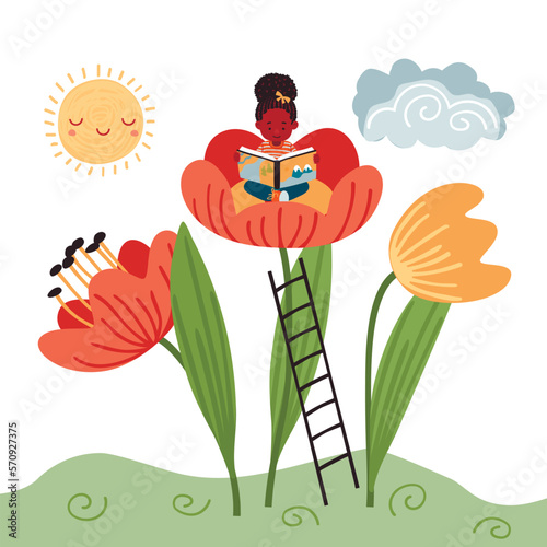 Little girl sitting inside a flower and reading book. Happy child with storybook, tulips, sun, cloud and stairs.Colorful elements isolated on white.Vector clip art set.Cartoon flat style illustration.