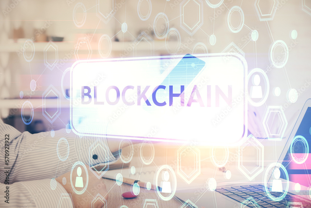Double exposure of man's hands holding and using a phone and crypto currency blockchain theme drawing. Double exposure of man's hands holding and using a phone and crypto currency blockchain theme drawing.