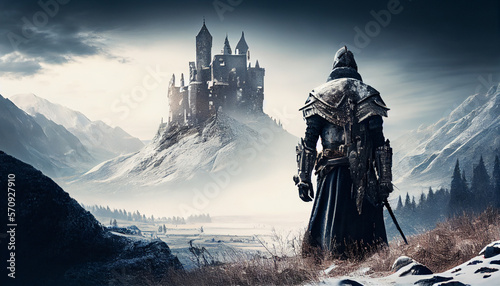 Knight looking to the castle on the hill in winter, generative ai
