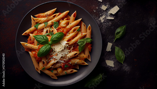 Penne pasta with a tomato sauce on a dark background, generative ai