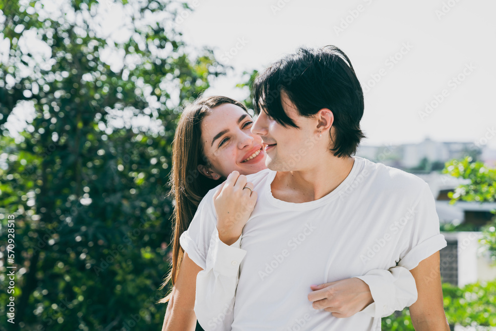 Couple in love young men and women hugging Have fun talking and laughing. Couple in love young men and women hugging Have fun talking and laughing.