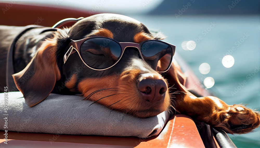 Sleeping dachshund with sunglasses lying on te yacht, generative ai