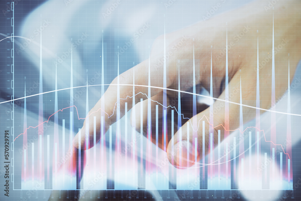 Multi exposure of man's hands holding and using a phone and financial chart drawing. Market analysis concept. Multi exposure of man's hands holding and using a phone and financial chart drawing. Market analysis concept.