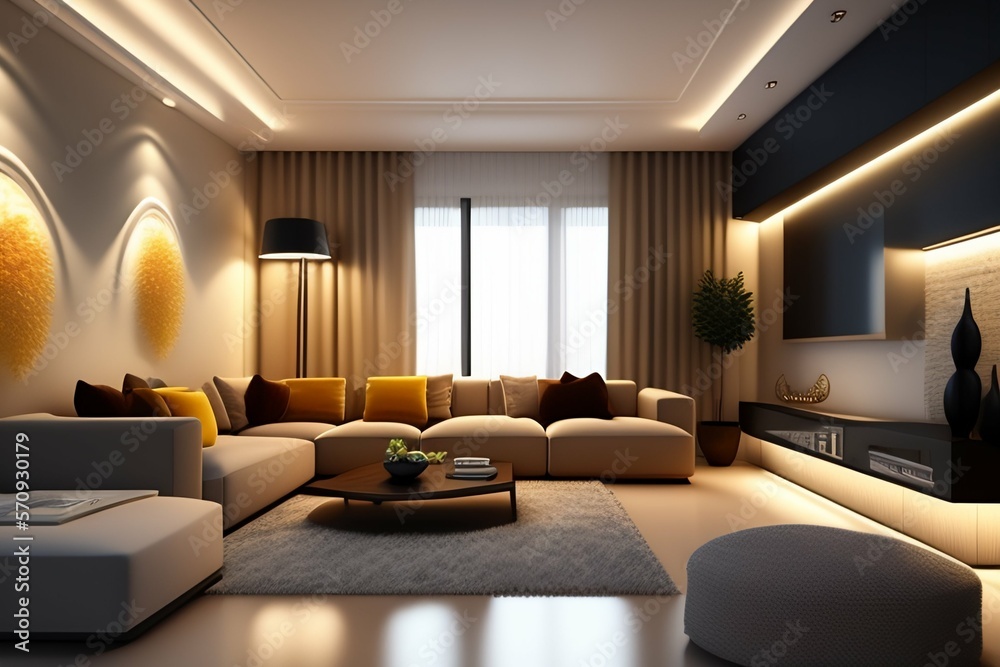 Luxury Living Room Design with a Modern Twist: A Stunning Home Interior  with Elegant Sofas, Stylish Furniture, and a Contemporary Architecture.  Ideal for an Apartment, House, or High-End Living Space Stock Illustration