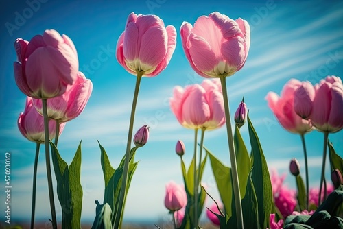 Beautiful Pink Tulips Against a Blue Sky  Created using Generative AI 