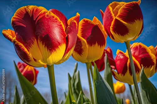 Red and Yellow Tulips Against a Blue Sky  Created using Generative AI 