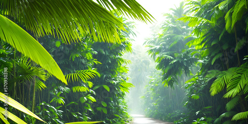 Beautiful wallpaper with a tropical landscape. Jungle with footpath  palms  trees and other wild evergreen plants. Tropical rainforest illustration. Background with pristine nature. Generative AI