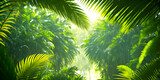 Beautiful wallpaper with a tropical landscape. Jungle with palms, trees and other wild evergreen plants. Tropical rainforest illustration. Background with pristine nature. Generative AI