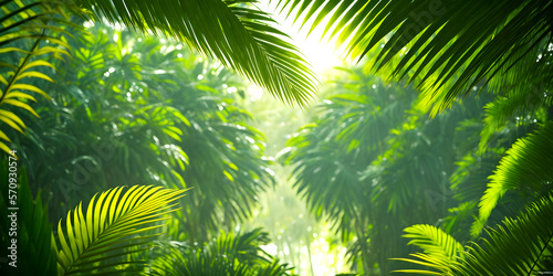 Beautiful wallpaper with a tropical landscape. Jungle with palms  trees and other wild evergreen plants. Tropical rainforest illustration. Background with pristine nature. Generative AI