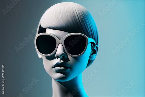 stylish mannequin head in sunglasses on podium, generated ai