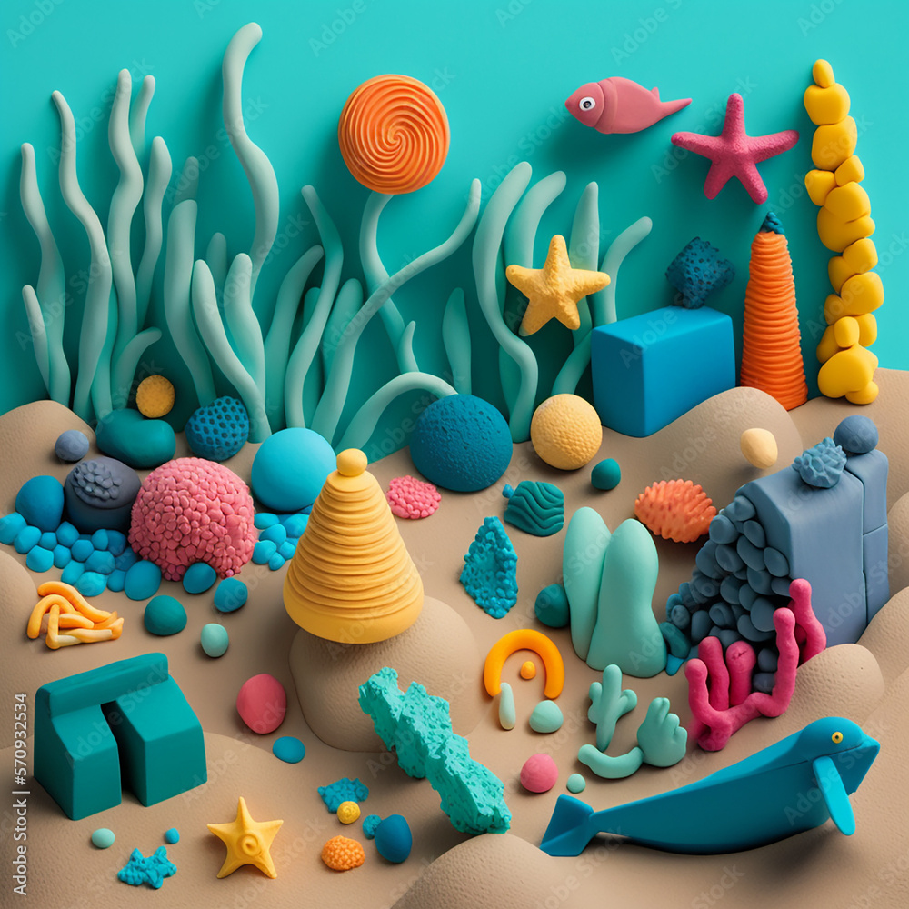 Underwater life made of plasticine, children`s creativity, children`s leisure, ai generated
