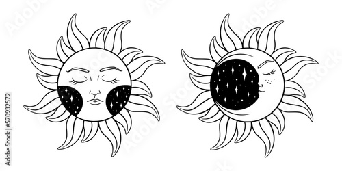 Tarot sun and moon esoteric set. Esoteric tarot elements with celestial and antique symbols. Vector illustration isolated in white background