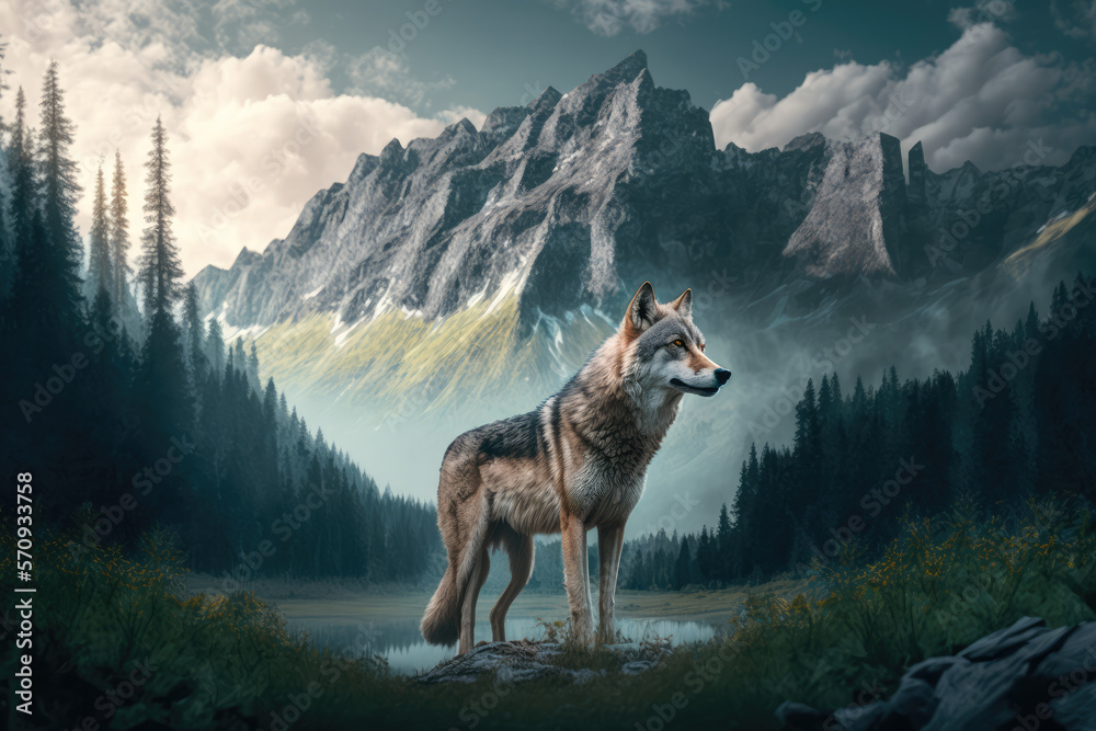 Fototapeta Wolf in the alps forest