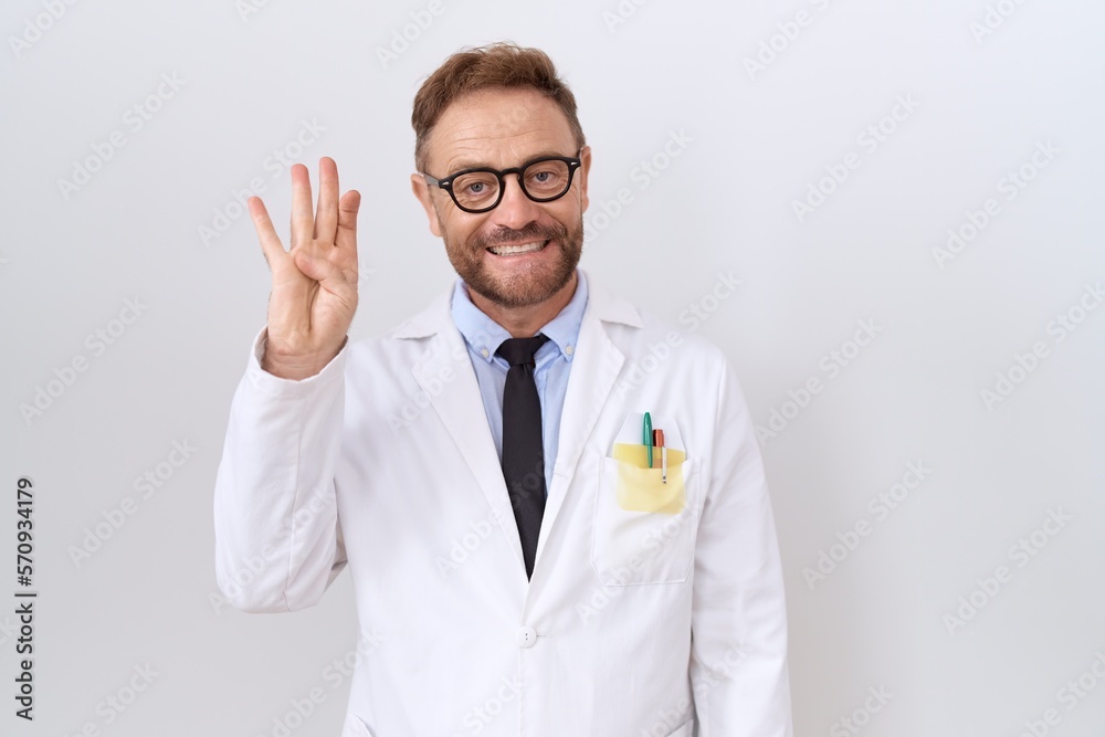 Middle age doctor man with beard wearing white coat showing and pointing up with fingers number four while smiling confident and happy. Middle age doctor man with beard wearing white coat showing and pointing up with fingers number four while smiling confident and happy.