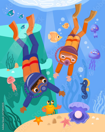 Cute divers with sea creatures underwater. Cartoon illustration. Vector image, scene for games, workbooks, posters. 