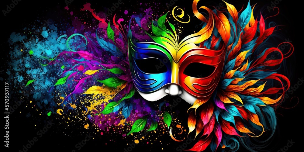 Bright multicolored carnival mask, festival and entertainment background, created with Generative AI
