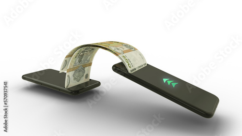 3D rendering of  Moldovan leu notes transferring from one phone to another. mobile money transaction concept. money coming out of mobile phone