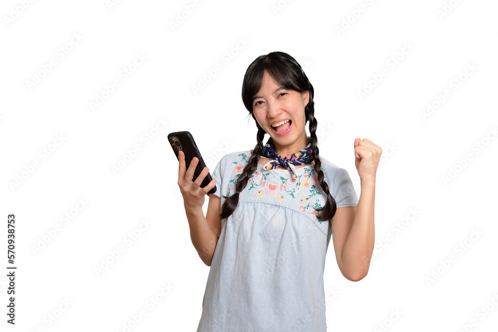 Portrait of happy beautiful young asian woman in denim dress using a smartphone on white background. studio shot Portrait of happy beautiful young asian woman in denim dress using a smartphone on white background. studio shot