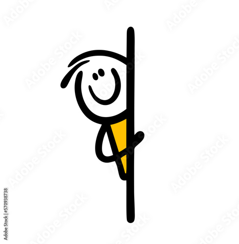 Cartoon outline man suddenly looks out from behind the corner of the wall.