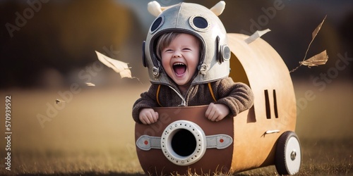 Photo Glückliches Kind spielt Flieger auf Spielplatz und lacht, ai generativ