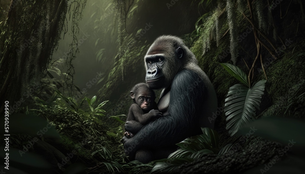 Gorilla and her baby in a dense jungle, Generative AI Digital Illustration