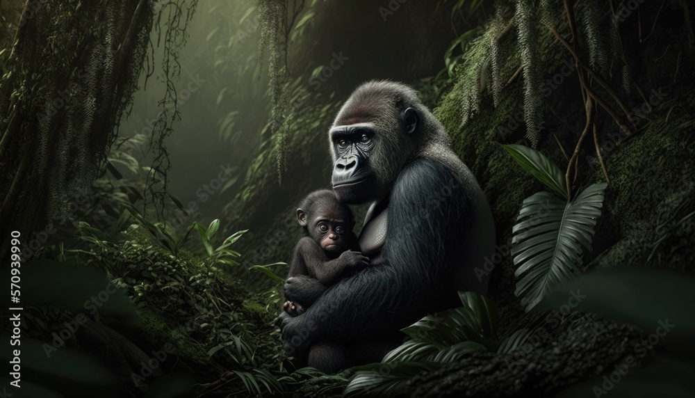 Naklejka premium Gorilla and her baby in a dense jungle, Generative AI Digital Illustration