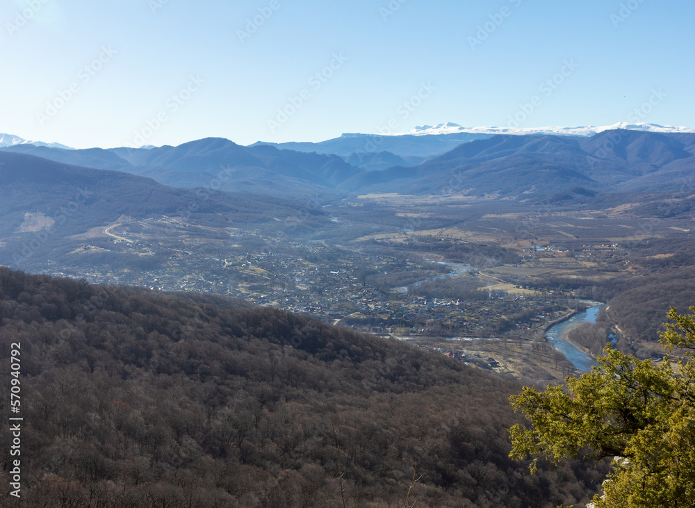 Panorama of the mountainous area, winter forest,walks on the mountain plateau.