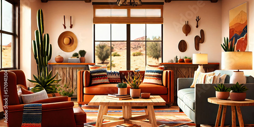 Southwestern living room interior design - influences of Mexican and Native American cultures mixed with Anglo-Saxon colonizers by generative AI photo
