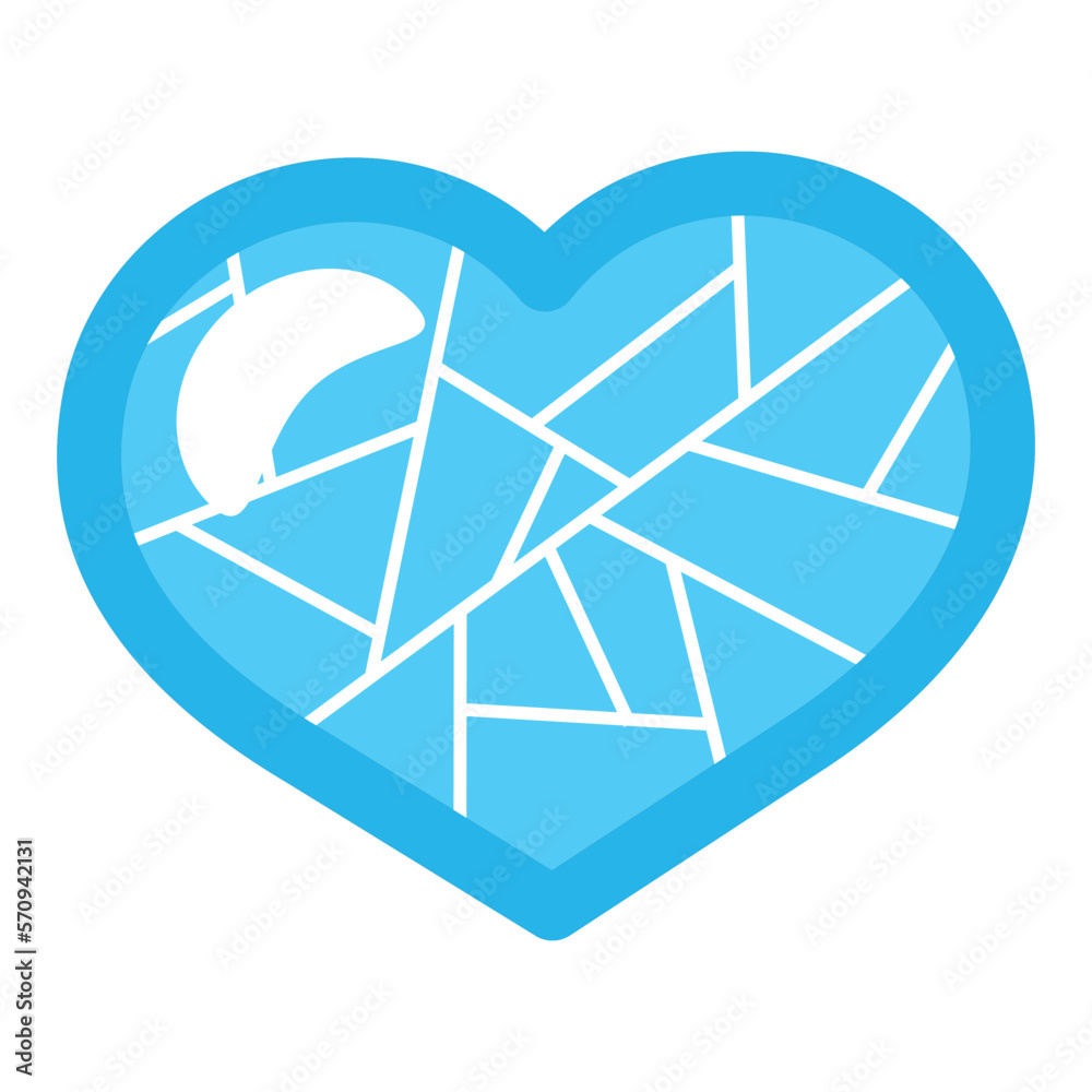 Single blue transparent ice heart in front view Single blue transparent ice heart in front view