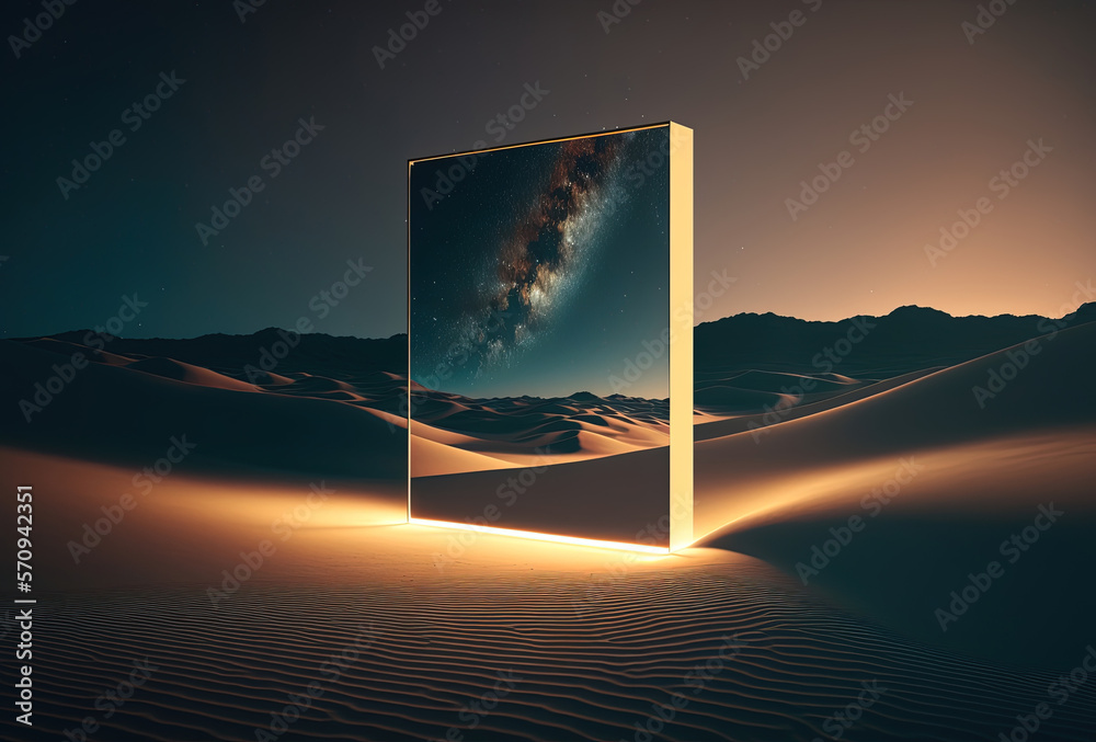 A surreal night desert landscape. Abstract sand dunes reflected in a square mirror. Yellow neon light, starry sky. A gateway to a parallel world. An immersive reality. 3D rendering. AI generated - obrazy, fototapety, plakaty 