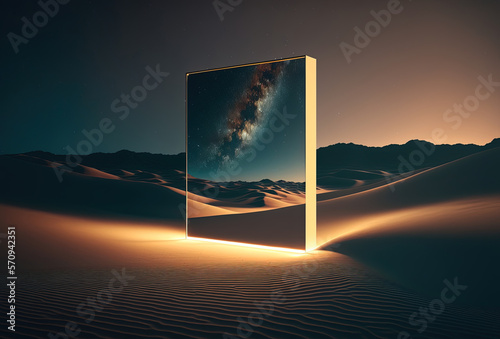 A surreal night desert landscape. Abstract sand dunes reflected in a square mirror. Yellow neon light, starry sky. A gateway to a parallel world. An immersive reality. 3D rendering. AI generated photo