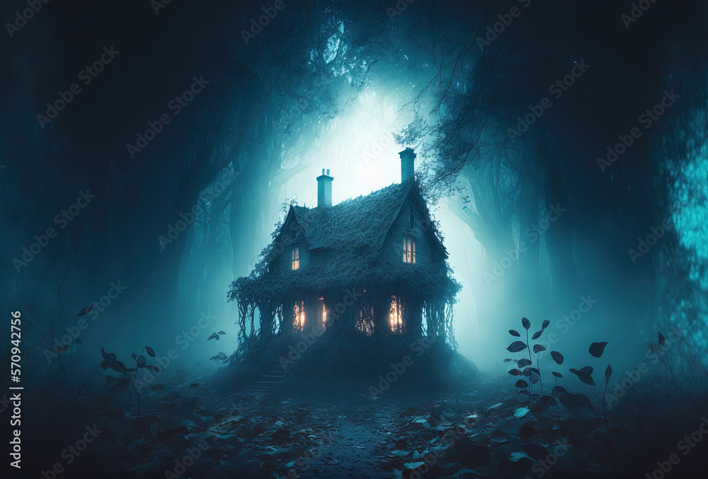 Obraz premium Scary old haunted house in the woods. Dwelling of a witch, a sorcerer. Mystical creepy night fog. 3D rendering. AI generated.