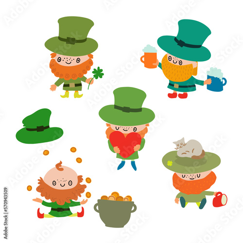 St. Patrick's Day illustration. Set of hand drawn colourful Leprechauns.