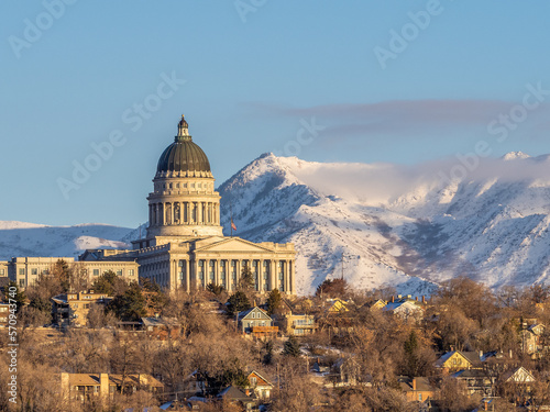 View of Utah State Capitol in winter late afternoon