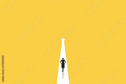 Business woman follow a path for business opportunities. visionary leadership business routes. Symbol of ambition, motivation and long road ahead.