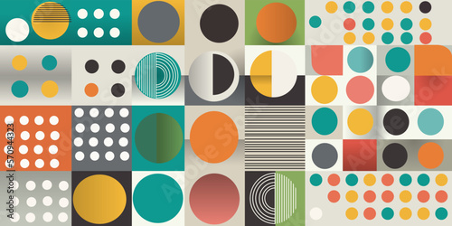 Geometric vector background with scandinavian abstraction and swiss geometric shapes. Flat, minimal, retro style. For print and interior design, textiles, paintings, seamless patterns.