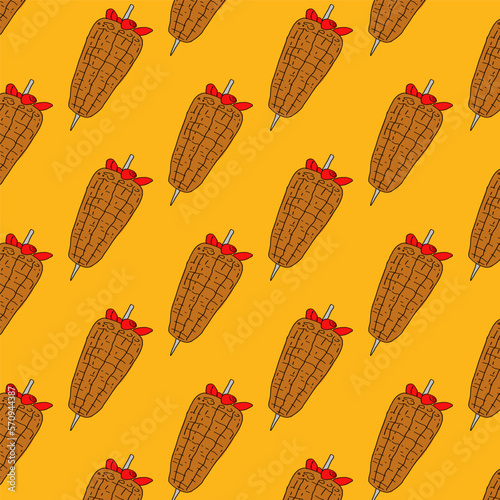Shawarma Kebab pattern fast food. Seamless pattern. Concept of doner kebab, street food, barbecue, cuisine. Vintage design template, banner. Fresh vegetables. Vector hand drawn sketch illustration.