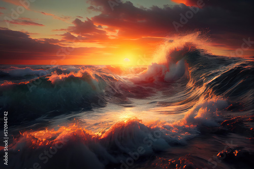 Ocean waves crashing on shore during sunset background. Generative AI