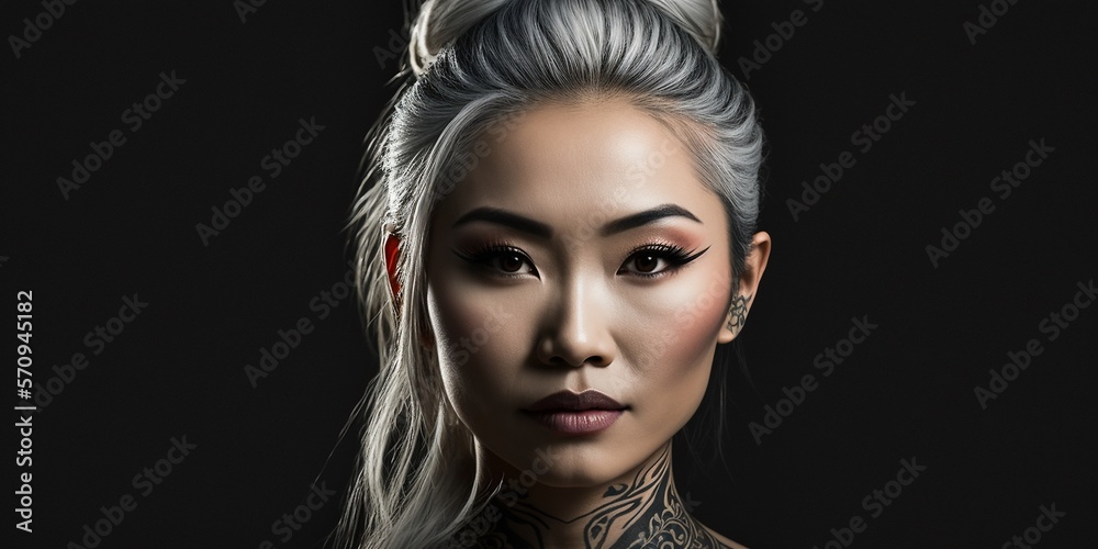 Asiatisches hübsches Top Model mit Tattoo im Portrait, ai generativ