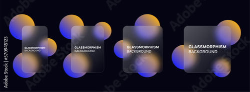 glassmorphism background banner with transparent glass frame template . Realistic Frosted glass morphism effect with blurred abstract gradient blue circle shapes. Vector illustration