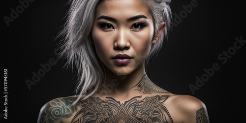 Asiatisches hübsches Top Model mit Tattoo Nahaufnahme, ai generativ